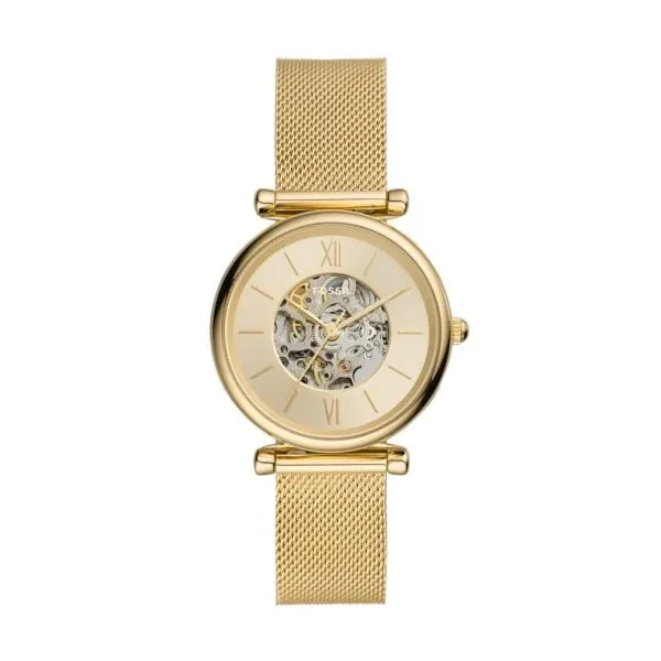 Fossil Women's Carlie Automatic Gold-Tone Stainless Steel Watch Mesh Watch - ME3250