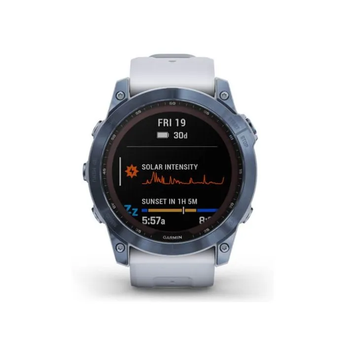 Garmin Fenix 7X Sapphire Solar Smartwatch - Mineral Blue DLC Titanium With Whitestone Band