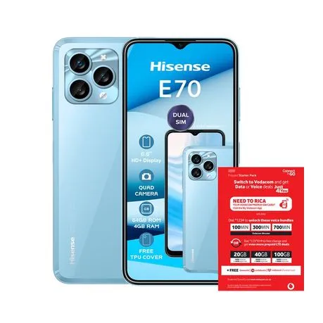Hisense E70 64GB LTE Dual Sim - Blue + Vodacom Sim Card Pack