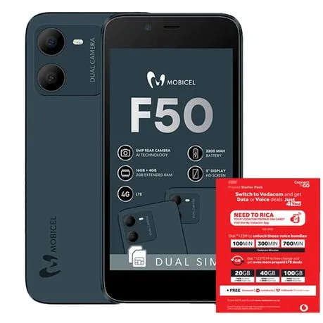 Mobicel F50 16GB LTE Dual Sim - Blue(NL) + Vodacom SIM Card Pack