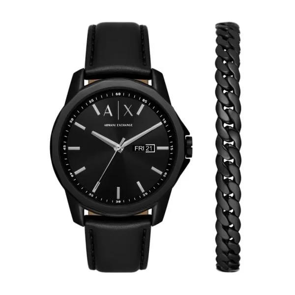 Armani Exchange Three-Hand Day-Date Black Leather Watch and Black Steel Bracelet Set - AX7147SET