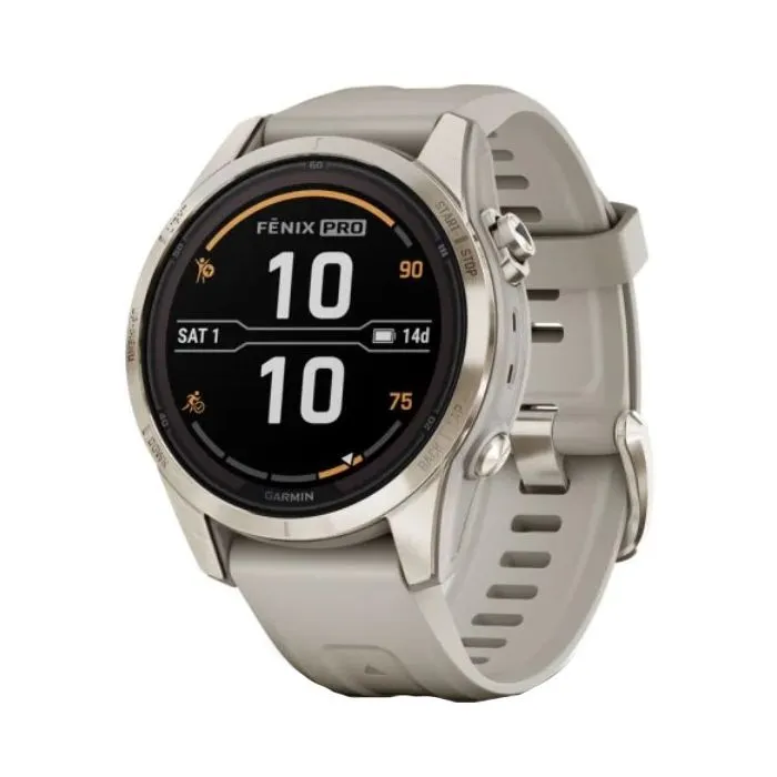 Garmin Fenix 7S Pro Sapphire Solar Edition Smartwatch - Soft Gold, Light Sand Band