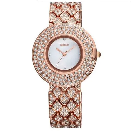 Ladies Rose Gold Bling Crystal Stainless Steel Leather Wrist Watch