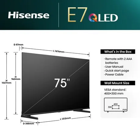 Hisense 75" 75E7N QLED 4K VIDAA Smart TV