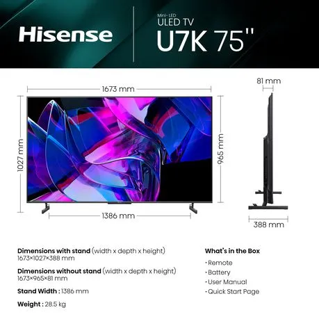 Hisense 75" U7K 144Hz 4K Smart Mini-LED ULED TV with Quantum Dot & HDR10+