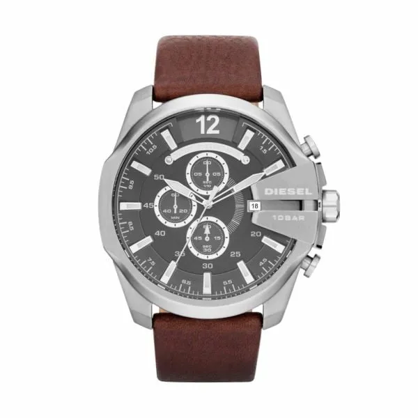 Diesel Men's Mega Chief Silver Round Leather Watch - DZ4290