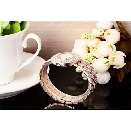 Ladies Rose Gold Bling Crystal Stainless Steel Leather Wrist Watch