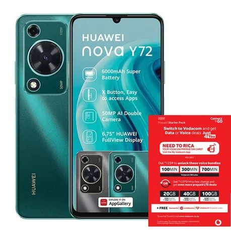 Huawei Nova Y72 128GB Dual Sim - Green + Vodacom Sim Card Pack