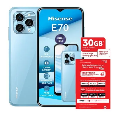 Hisense E70 64GB LTE Dual Sim - Blue + Vodacom Sim Card Pack