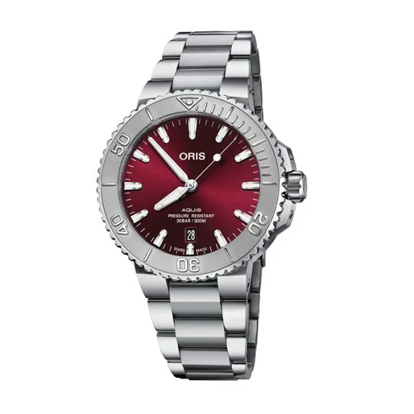 Oris Aquis Date Red Dial Metalbracelet Steel Polished Stainless Steel Watch