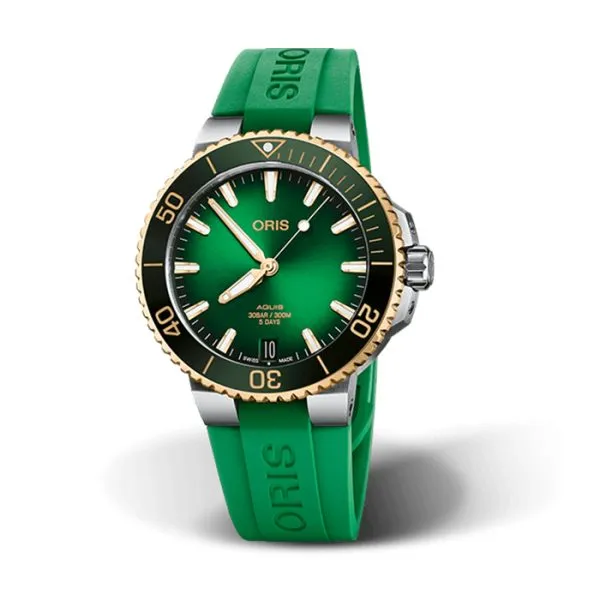 Oris Aquis Date Cal 400 Green Dial Gold Bezel Stainless Steel Watch