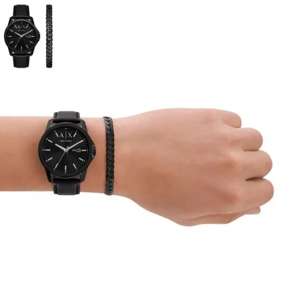 Armani Exchange Three-Hand Day-Date Black Leather Watch and Black Steel Bracelet Set - AX7147SET