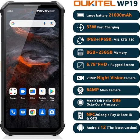 Oukitel WP19 4G IP68 Rugged Smartphone 21000mAh 8GB RAM 256GB ROM 64MP