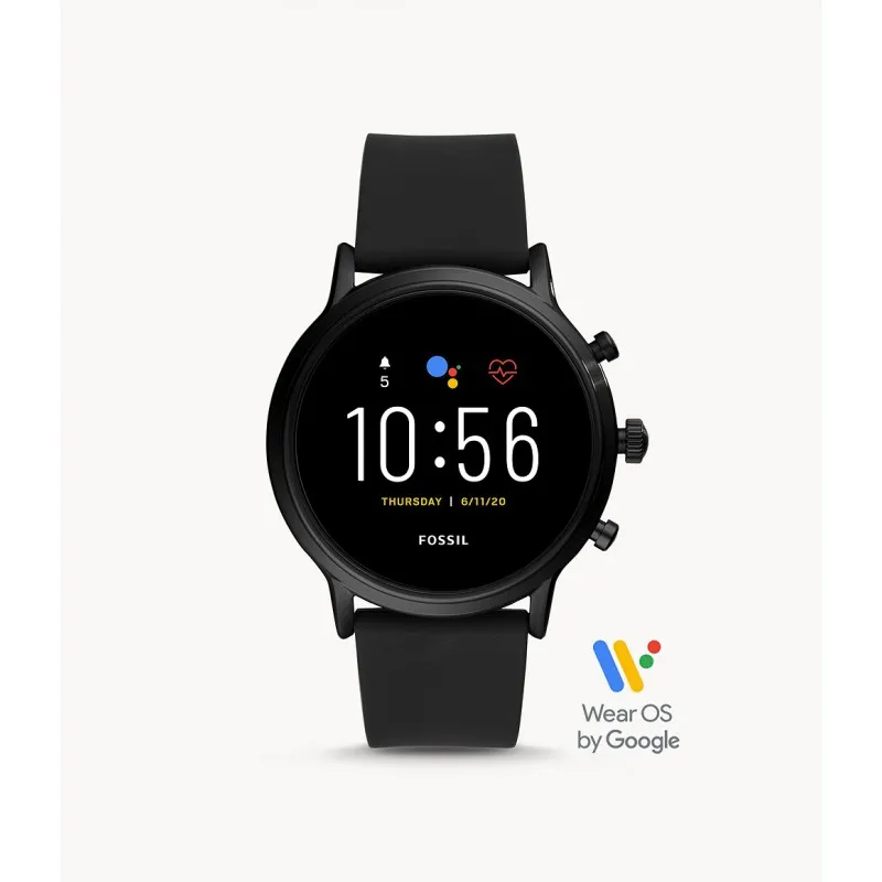 Fossil Gen 5 Smartwatch The Carlyle HR Black Silicone Smartwatch with Speaker Heart Rate GPS Contactless Payments and Smartphone Notifications